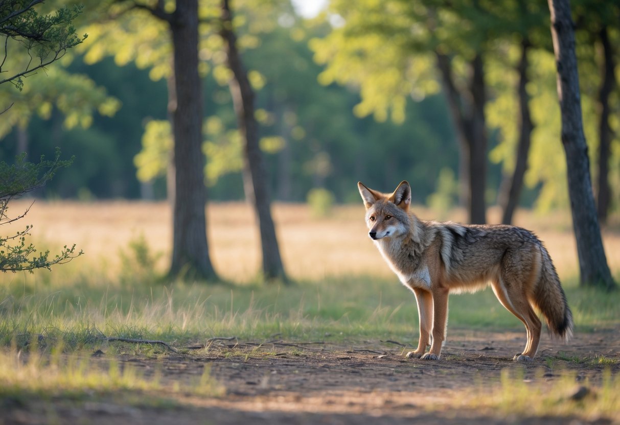 A person calmly observing a coyote from a safe distance in a natural outdoor setting during the day.