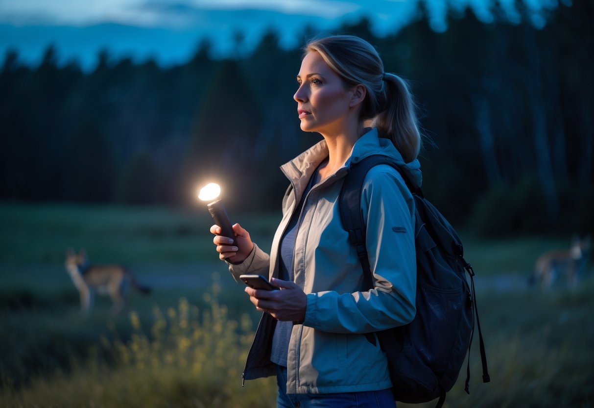 A woman standing outdoors at dusk holding a flashlight and smartphone, looking into the distance near a forest where coyotes are faintly visible.