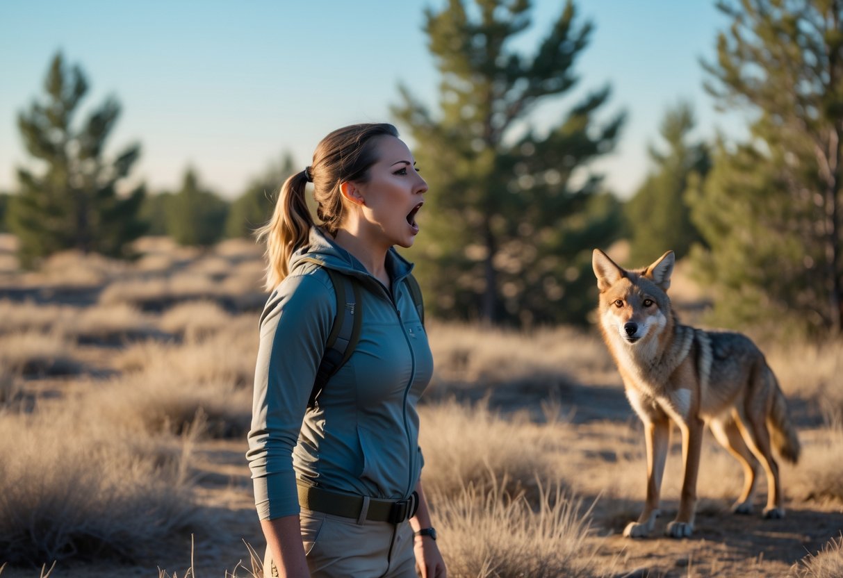 A person outdoors looking alert and shouting at a coyote in the distance in a natural grassland setting.