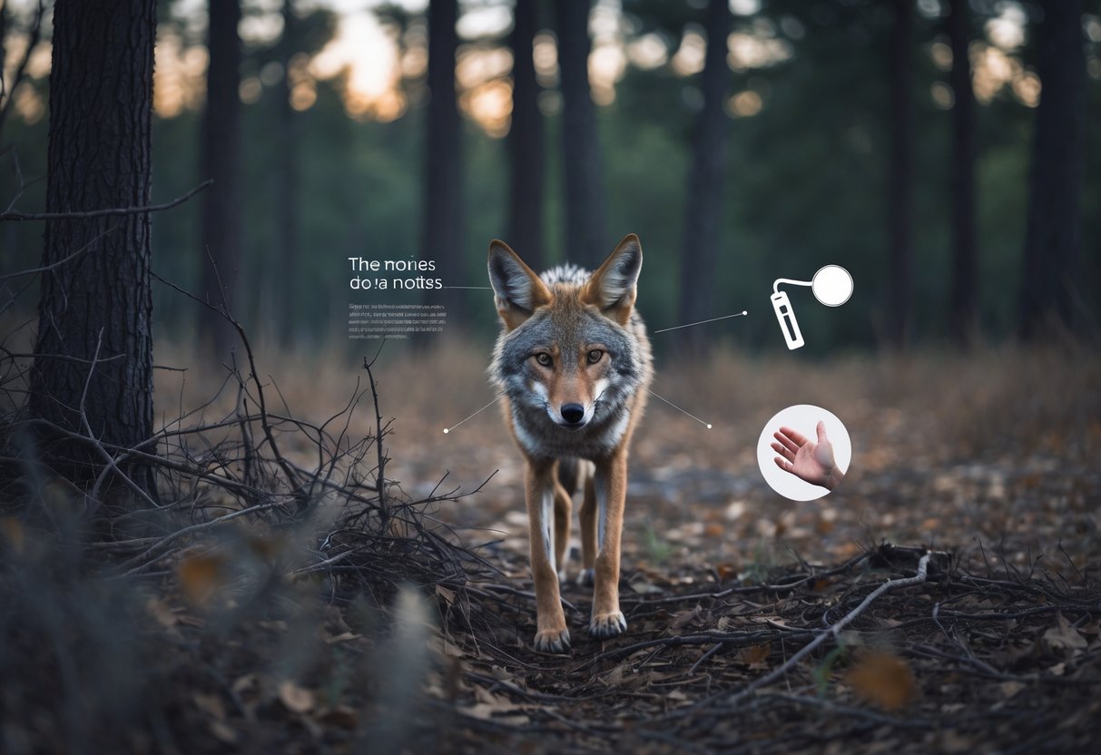 A coyote in a forest at dusk looking alert and retreating into the bushes, surrounded by subtle visual hints of loud noises nearby.