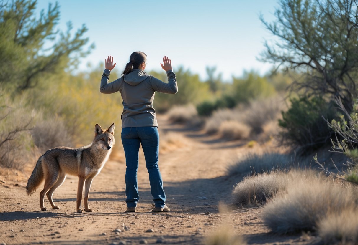 A person standing calmly outdoors facing a coyote at a safe distance in a natural setting with trees and shrubs.