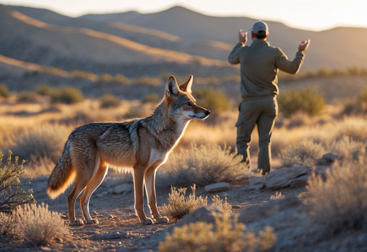 A coyote attentively looking towards a person calling out in a dry grassland at sunset.