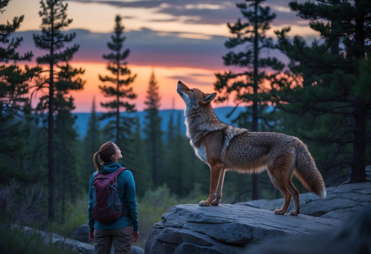 A person in hiking gear watches a coyote howling on a rocky outcrop in a forest at sunset.