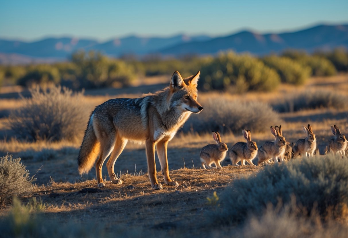 A wild coyote standing in a dry grassy area looking toward rabbits and birds nearby with mountains in the background.