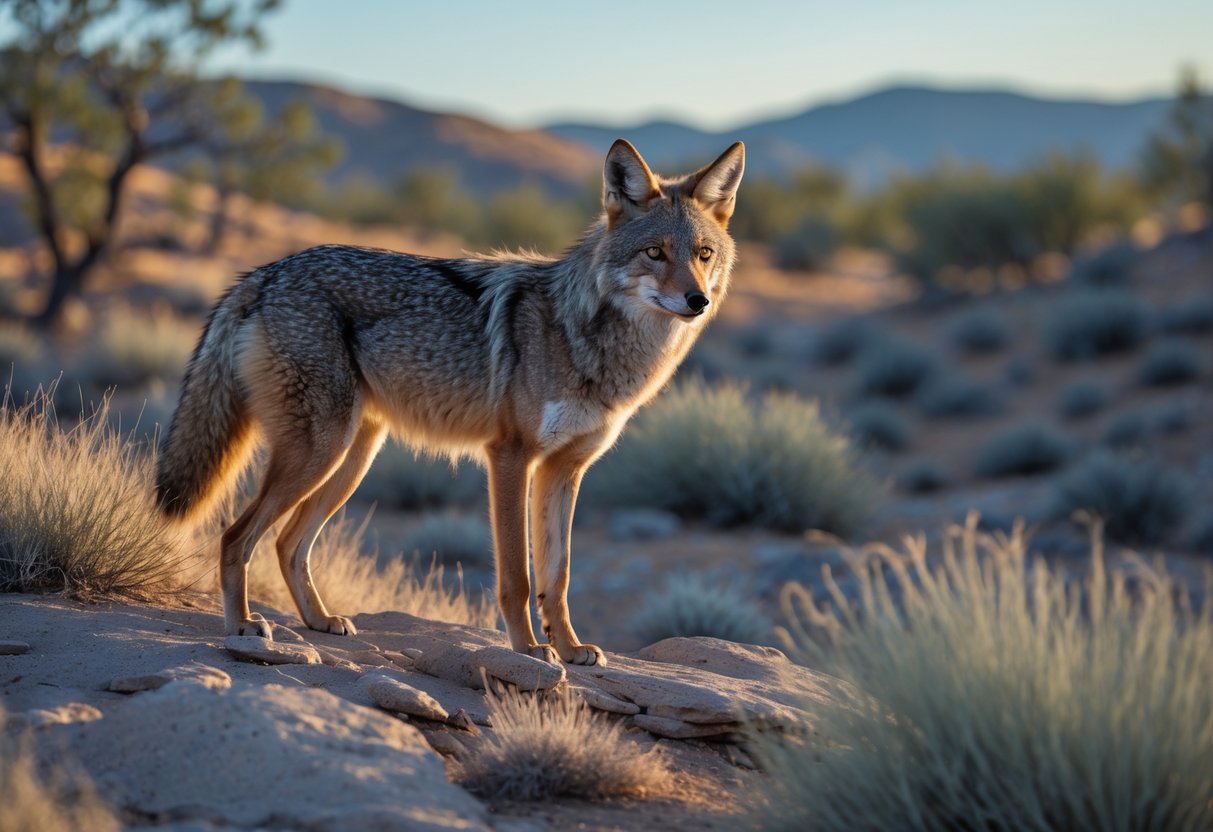 A coyote standing on rocky terrain surrounded by dry grass and desert plants with hills in the background.