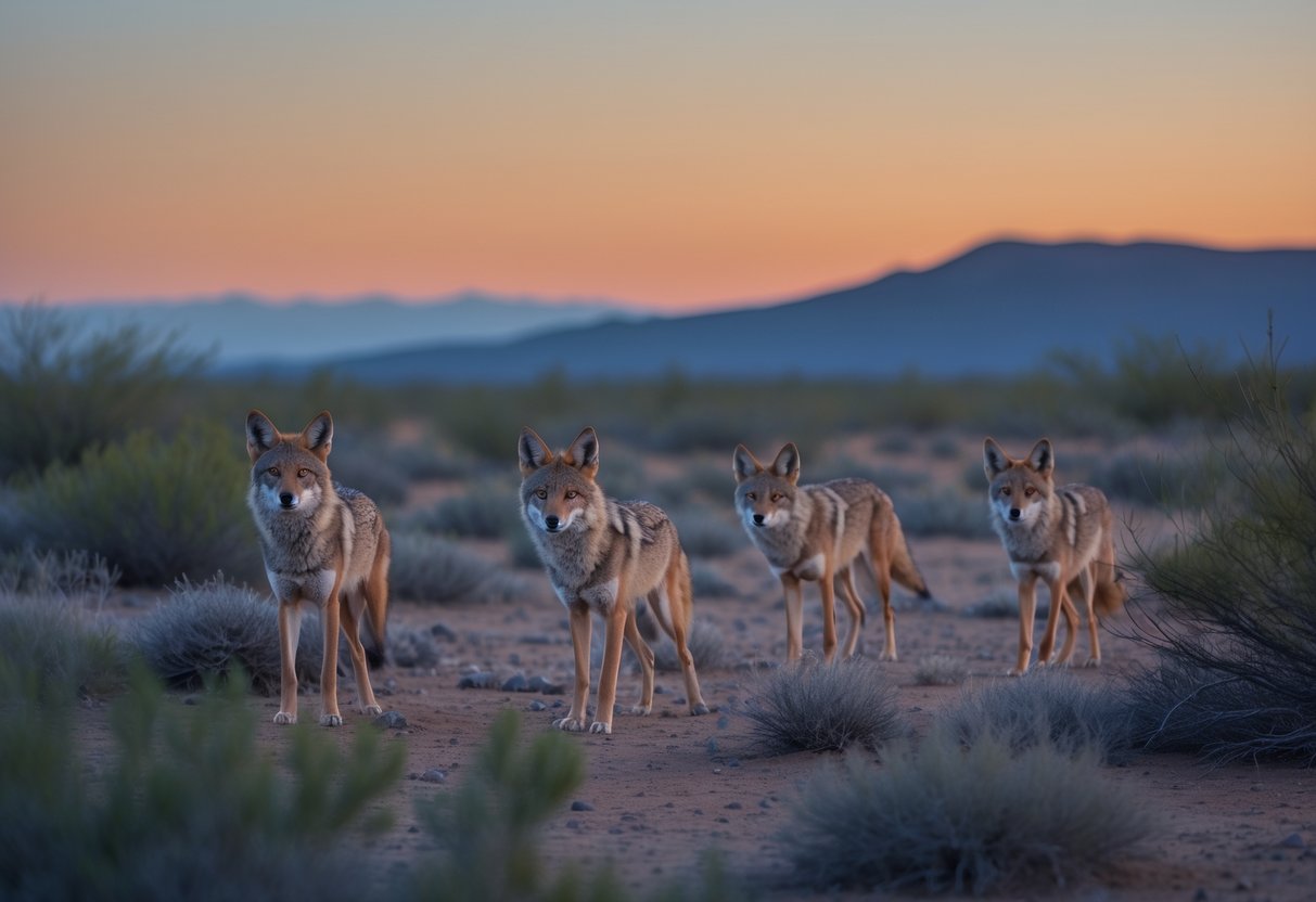 Several coyotes standing and walking in a dry, grassy outdoor landscape at dusk with hills in the background.