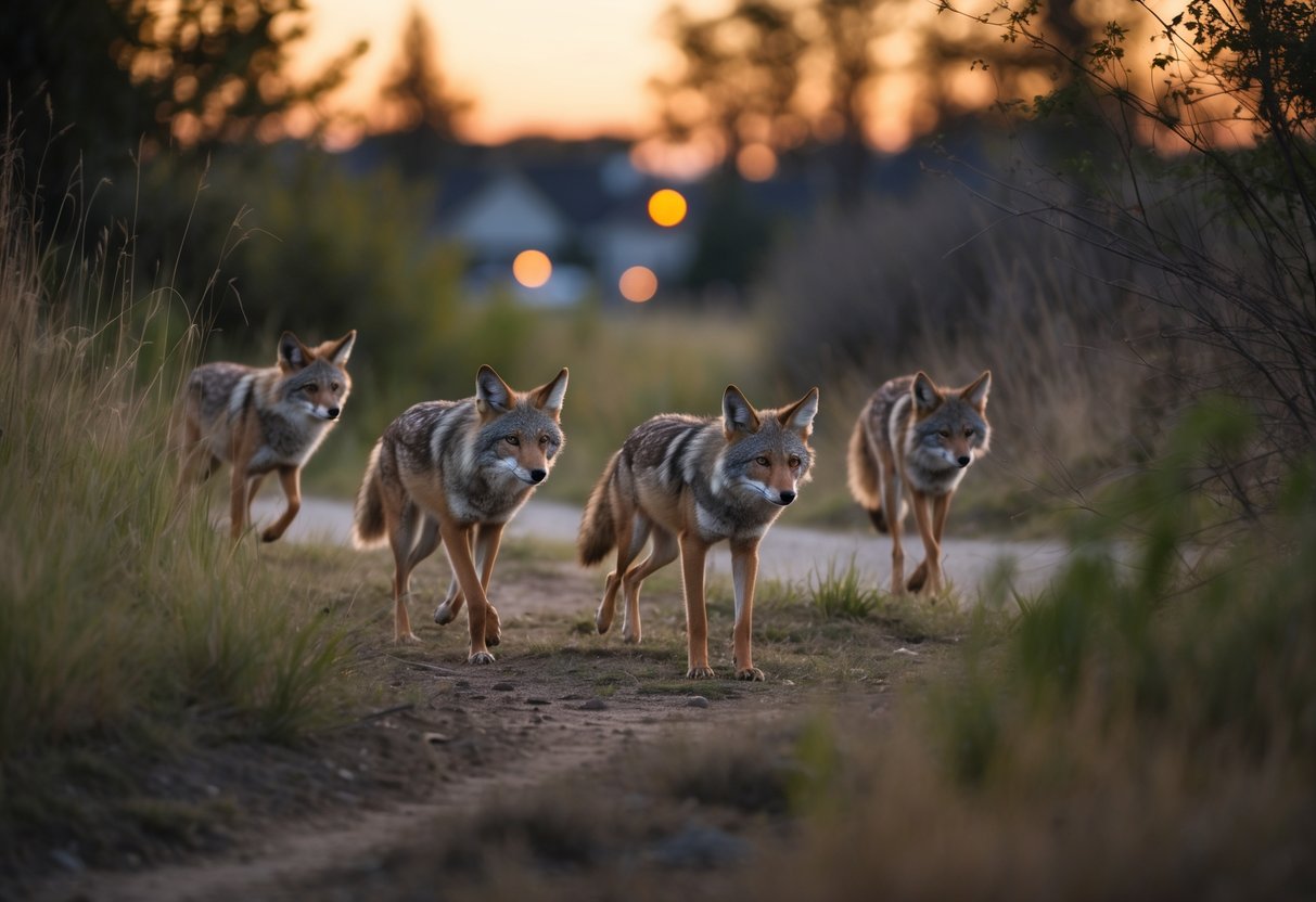 A group of coyotes moving through tall grass near the edge of a forest with houses visible in the distance at sunset.