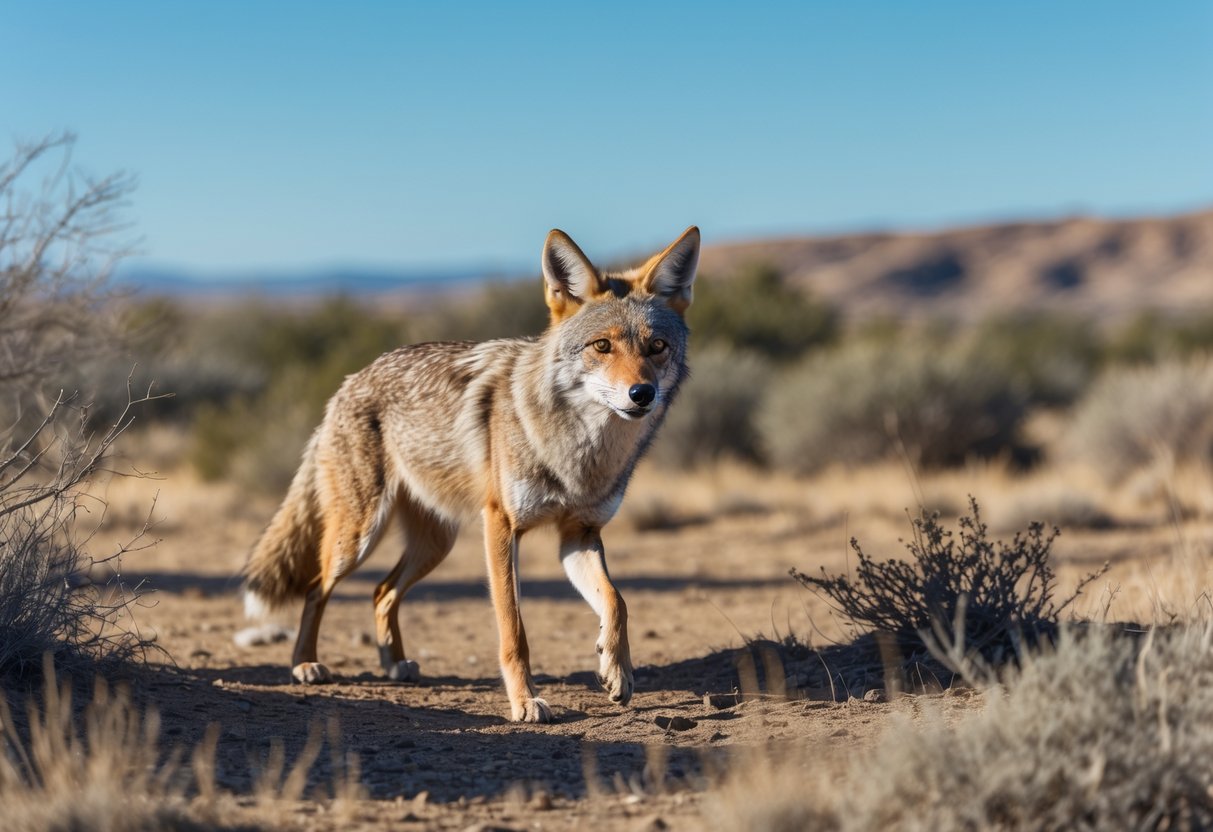 A wild coyote in a dry open landscape looking alert and cautious.