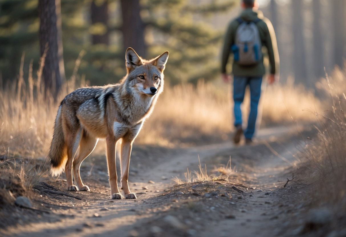 A wild coyote cautiously watching a person walking nearby in a natural outdoor setting.