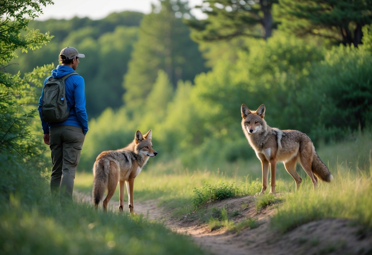 A person calmly observing a coyote standing at a distance in a natural outdoor setting with trees and grass.