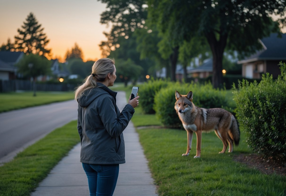 A woman in a park at dusk looking cautiously at a coyote standing near bushes in the distance.