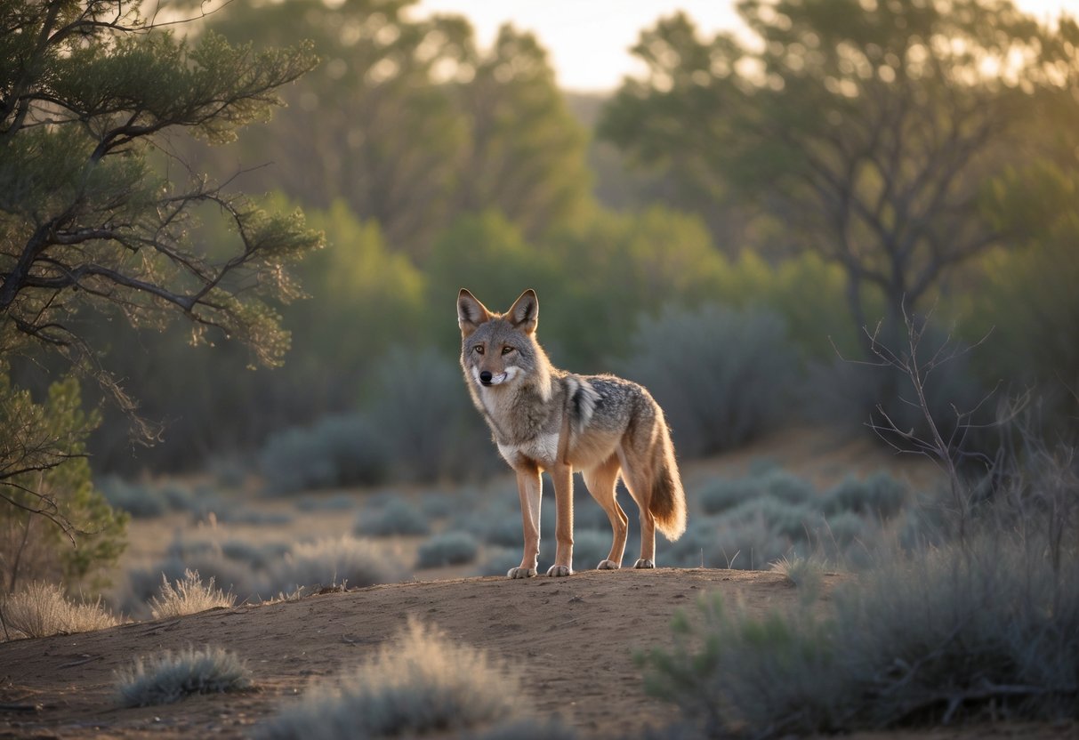 A lone coyote standing alert in a forest clearing surrounded by trees and shrubs during early morning light.