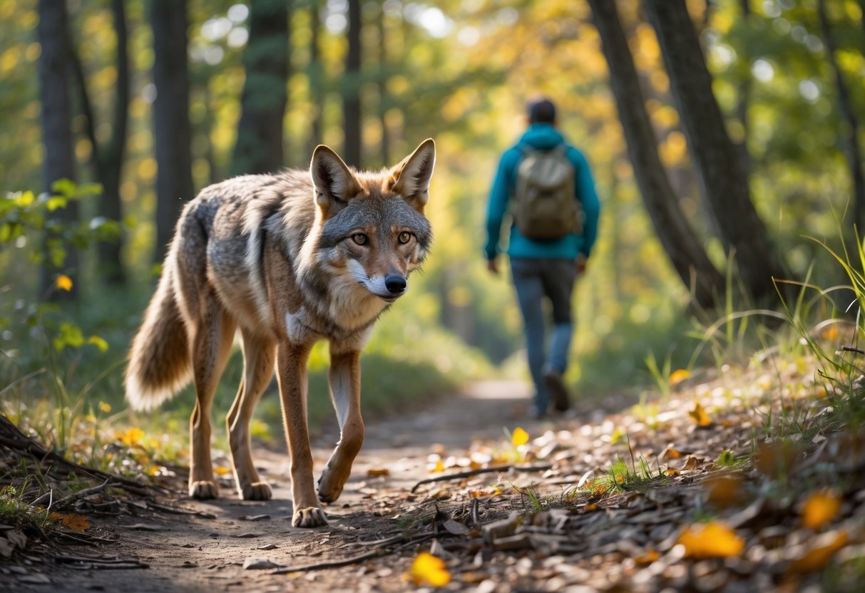 A coyote follows a person walking on a forest trail surrounded by trees and sunlight.