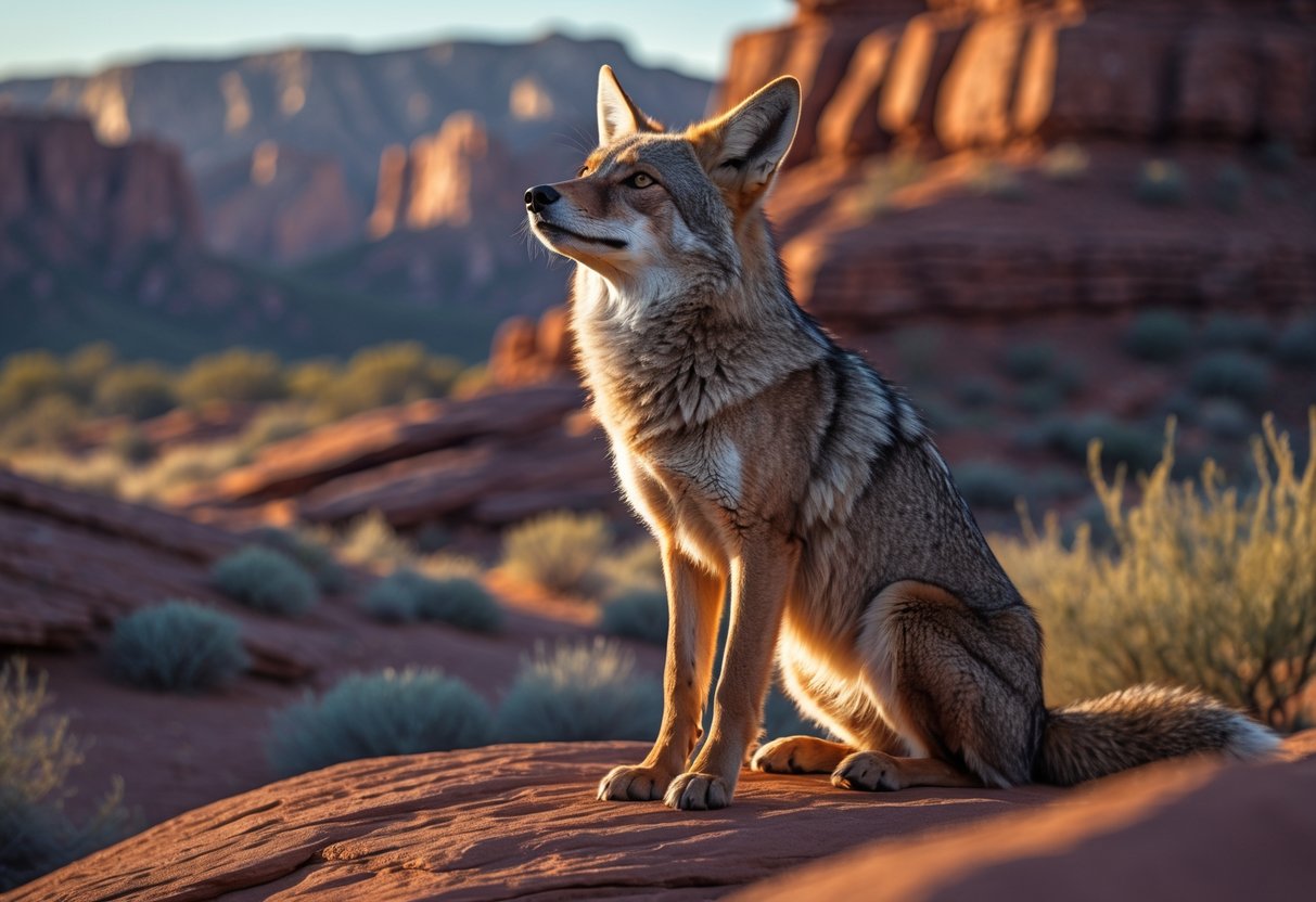 A coyote sitting on rocks in a desert looking thoughtfully upward during sunset.