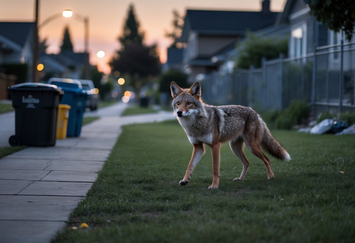 A coyote cautiously walking near the edge of a suburban neighborhood with houses and streetlights in the background at dusk.