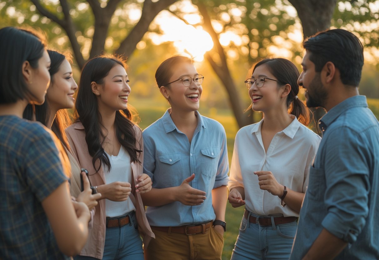 A diverse group of people talking outdoors in a natural setting with trees and sunlight.