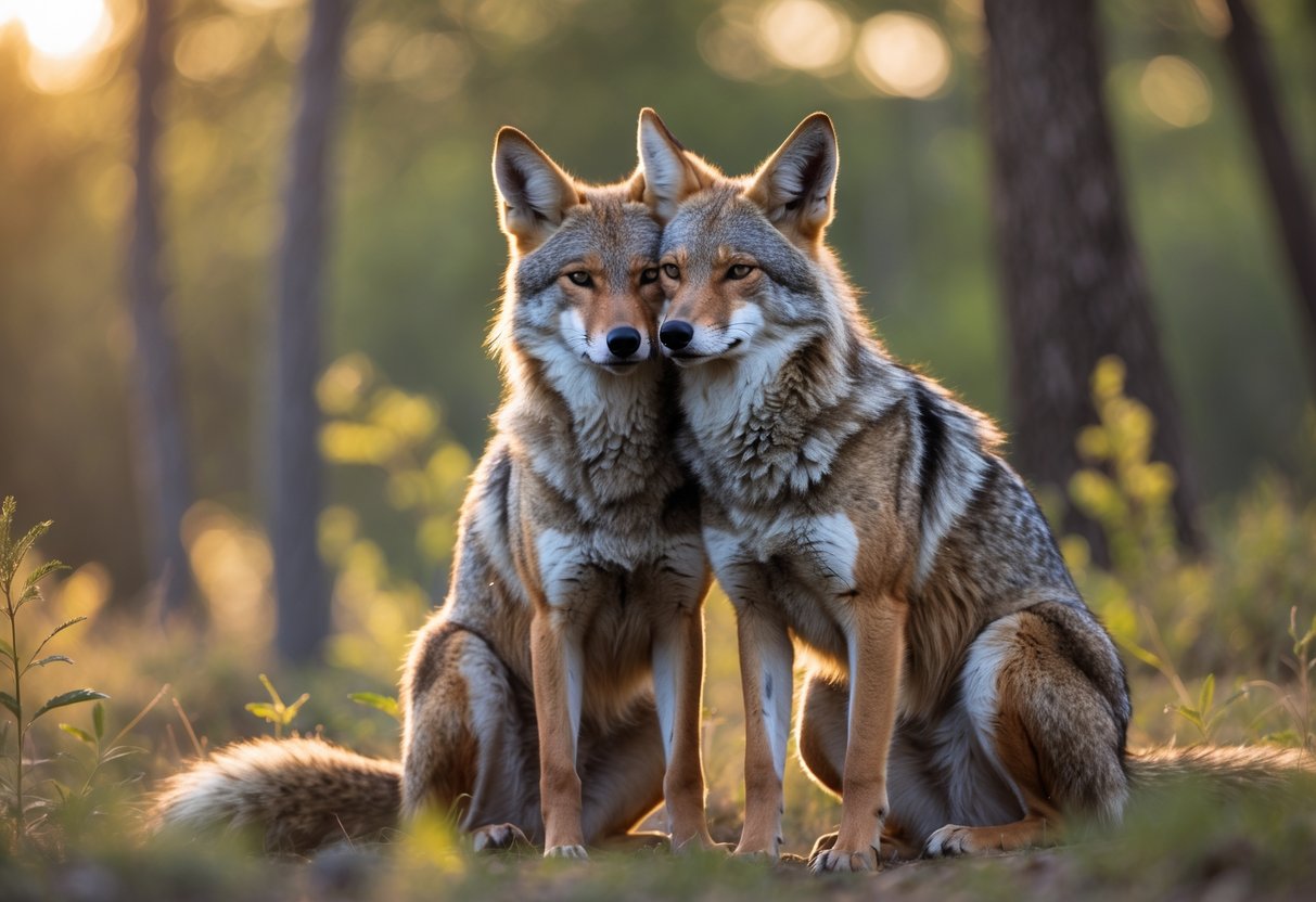 Two coyotes sitting close together in a forest with warm sunlight filtering through the trees.