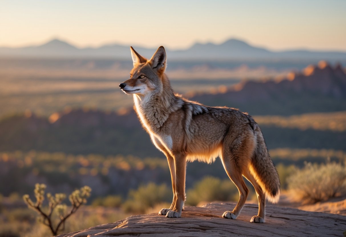 A lone coyote standing on a rocky hill with a desert landscape and mountains in the background at sunrise.
