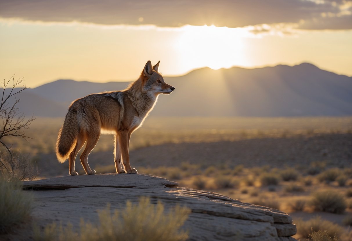A lone coyote standing on a rocky outcrop overlooking a desert landscape at dawn with mountains in the distance.