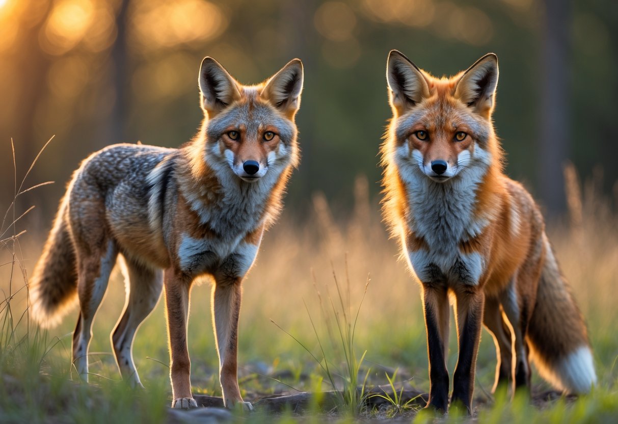 A coyote and a red fox standing side by side in a grassy outdoor area with trees in the background.