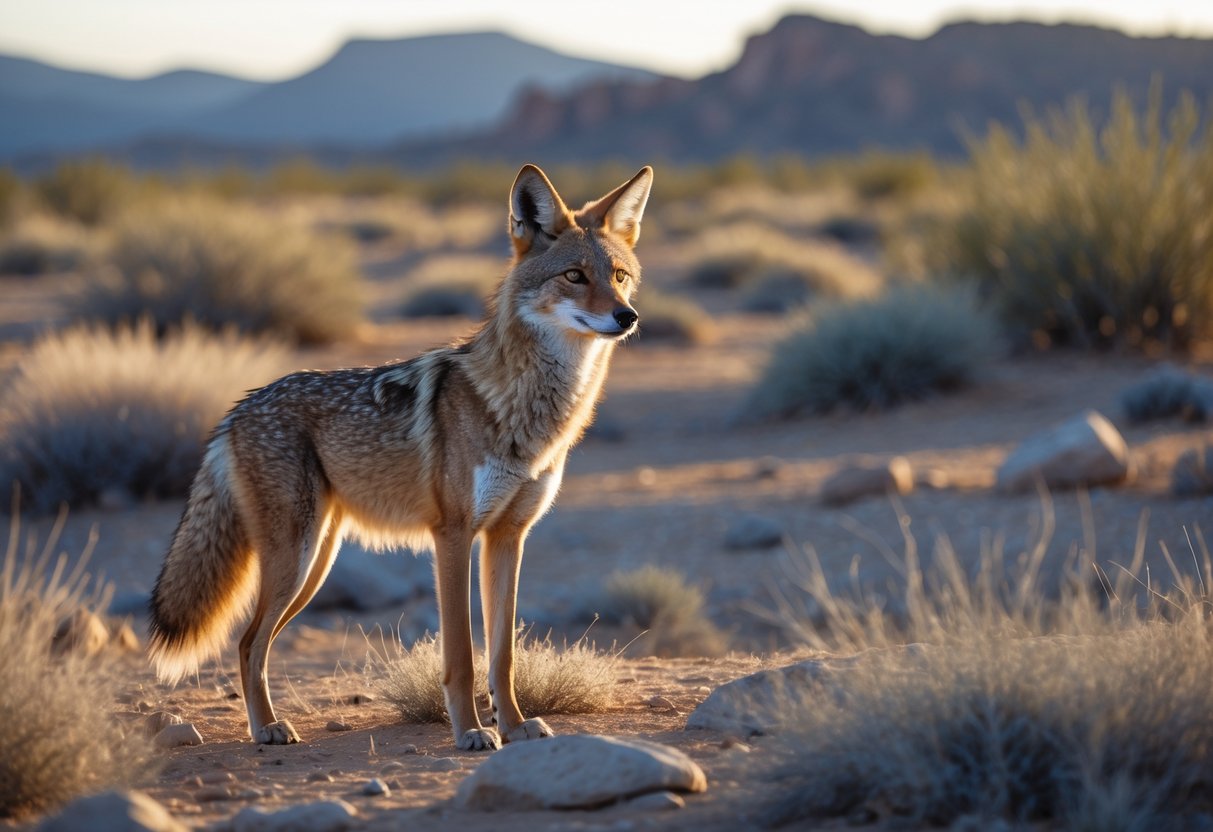 A wild coyote standing alert in a desert landscape with dry grasses and hills in the background.