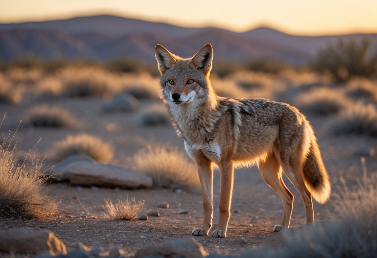A wild coyote standing alert in a desert landscape with dry grasses and hills in the background.