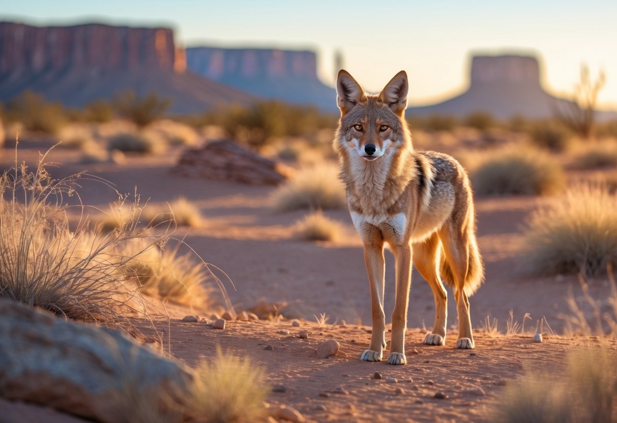 A lone coyote standing in a desert landscape with dry grasses and rocks under a clear sky.