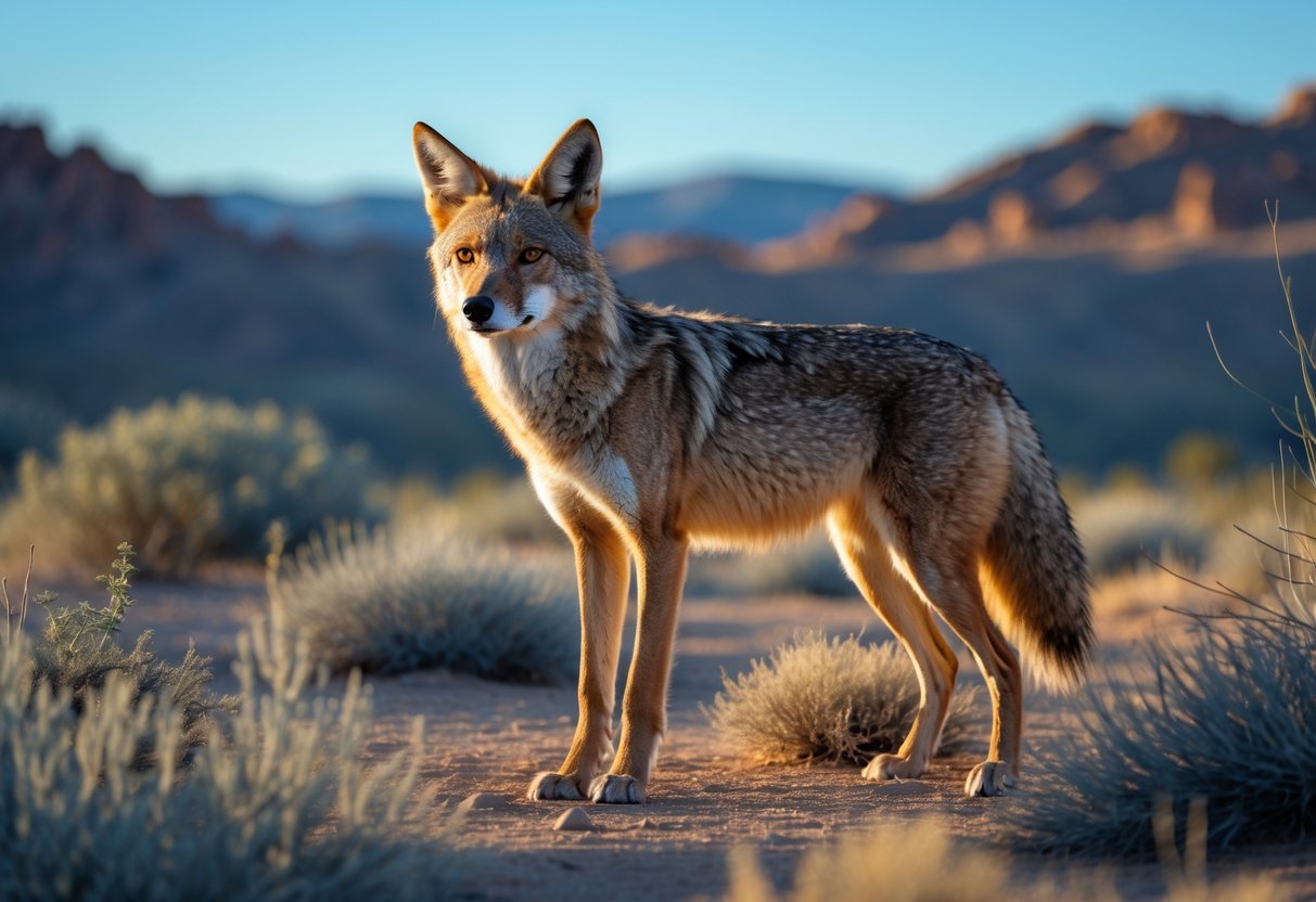 A wild coyote standing alert in a desert landscape with dry plants and rocky hills in the background.