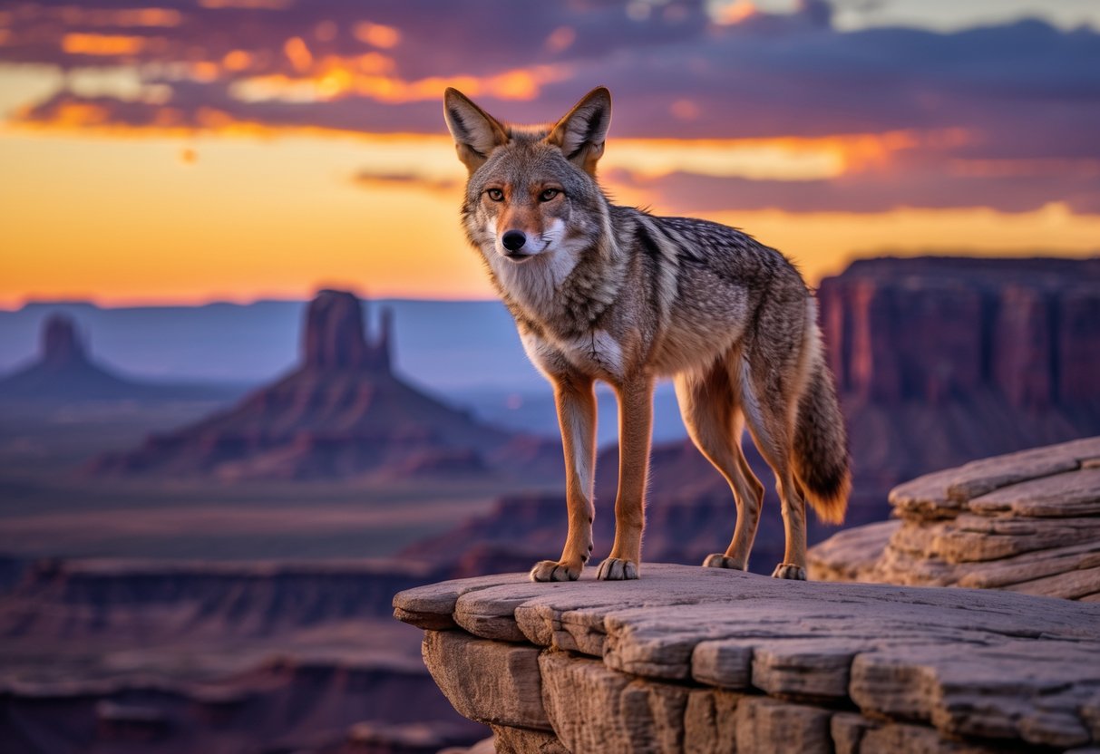 A coyote with a sly expression standing on a rocky cliff overlooking a desert landscape at sunset.