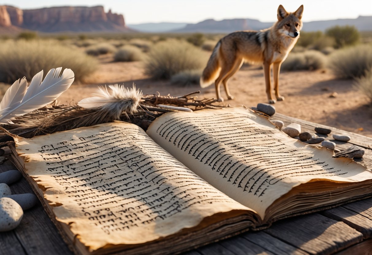 An open ancient manuscript on a wooden table with natural elements nearby, and a coyote standing in a desert landscape in the background.