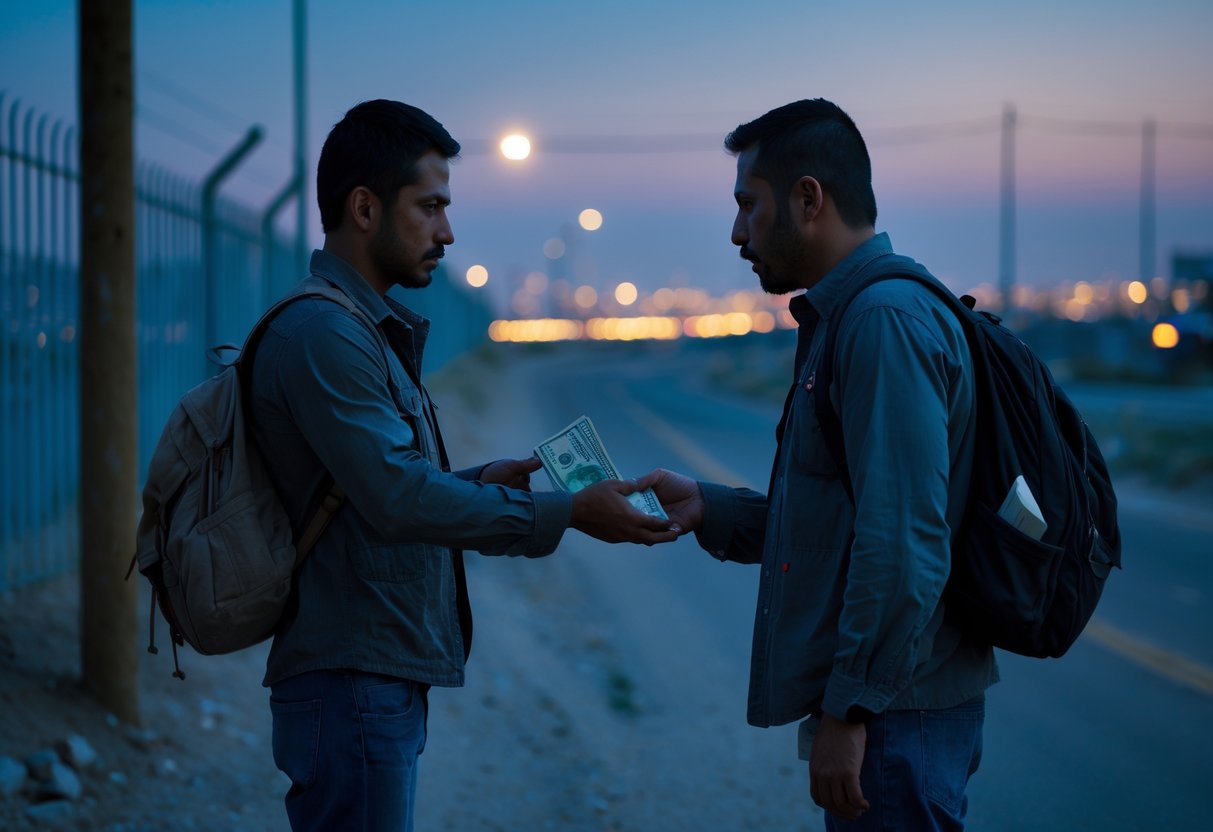 Two men exchanging money discreetly in a dimly lit urban area near a border fence at dusk.