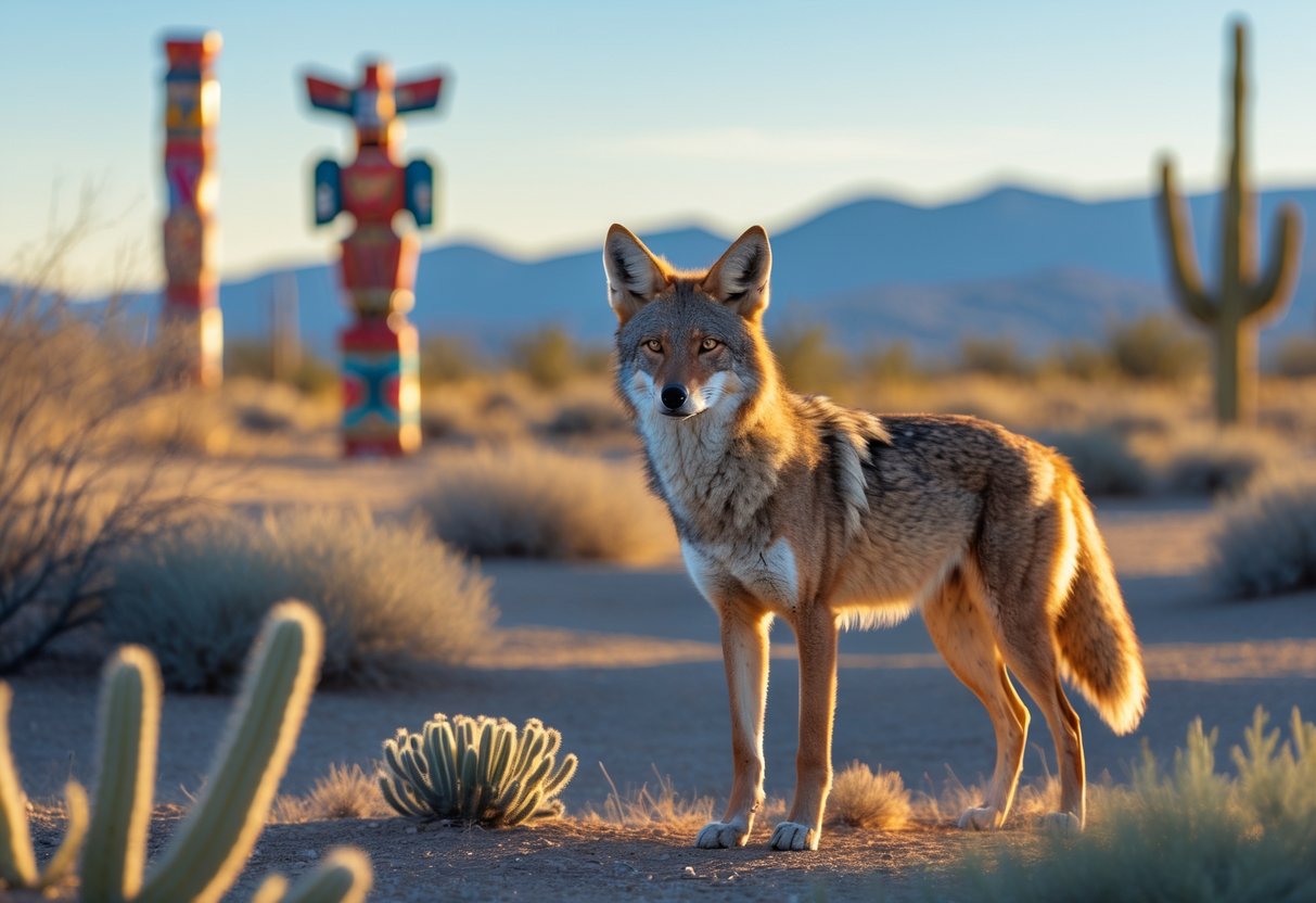 A coyote standing in a desert landscape with desert plants and mountains in the background, alongside subtle Native American cultural elements.