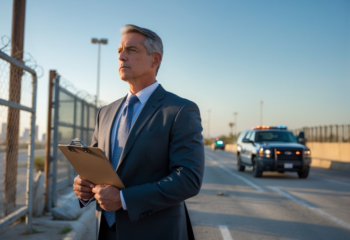A middle-aged man in a suit stands near a border crossing with a fence and patrol vehicle in the background.