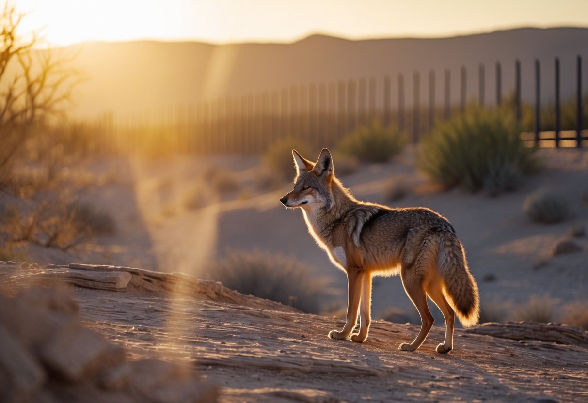 A lone coyote standing on rocky terrain at sunset with a distant border fence in the background.