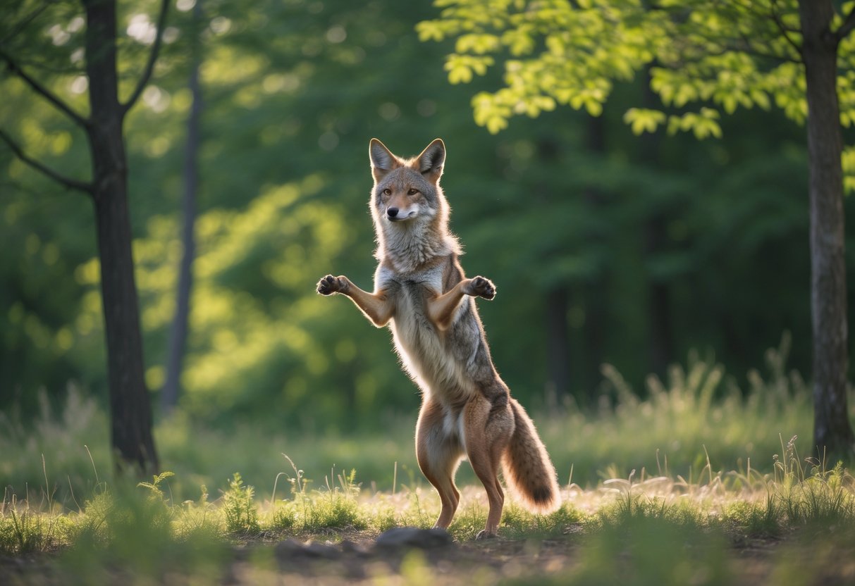 A coyote standing on its hind legs in a forest clearing, looking alert and curious.