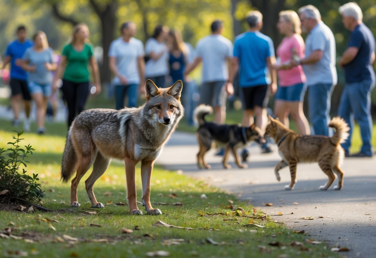 A coyote standing alert near a suburban park where people are walking and a dog and cat are interacting nearby.