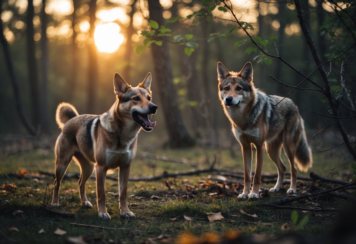 A dog barking at a cautious coyote in a forest clearing at dusk.