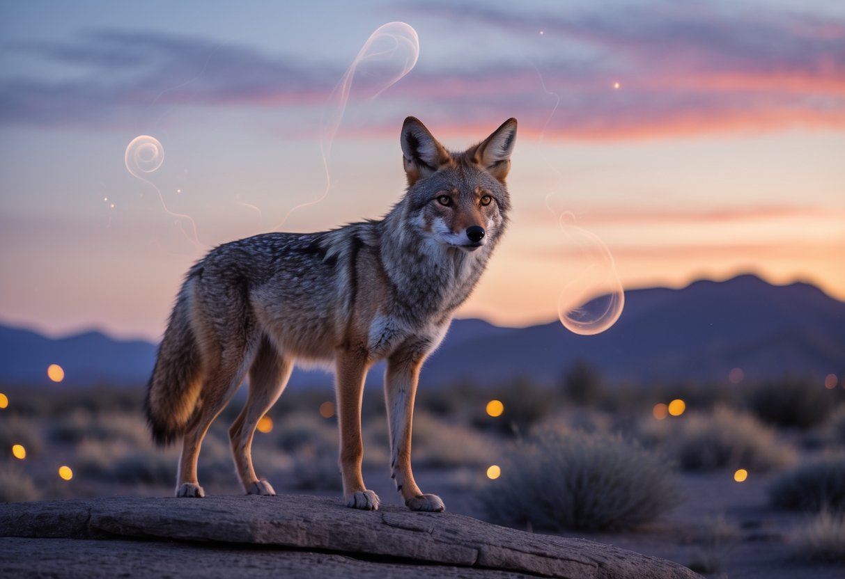 A lone coyote standing on a rocky hill at sunset with a mountainous landscape in the background.