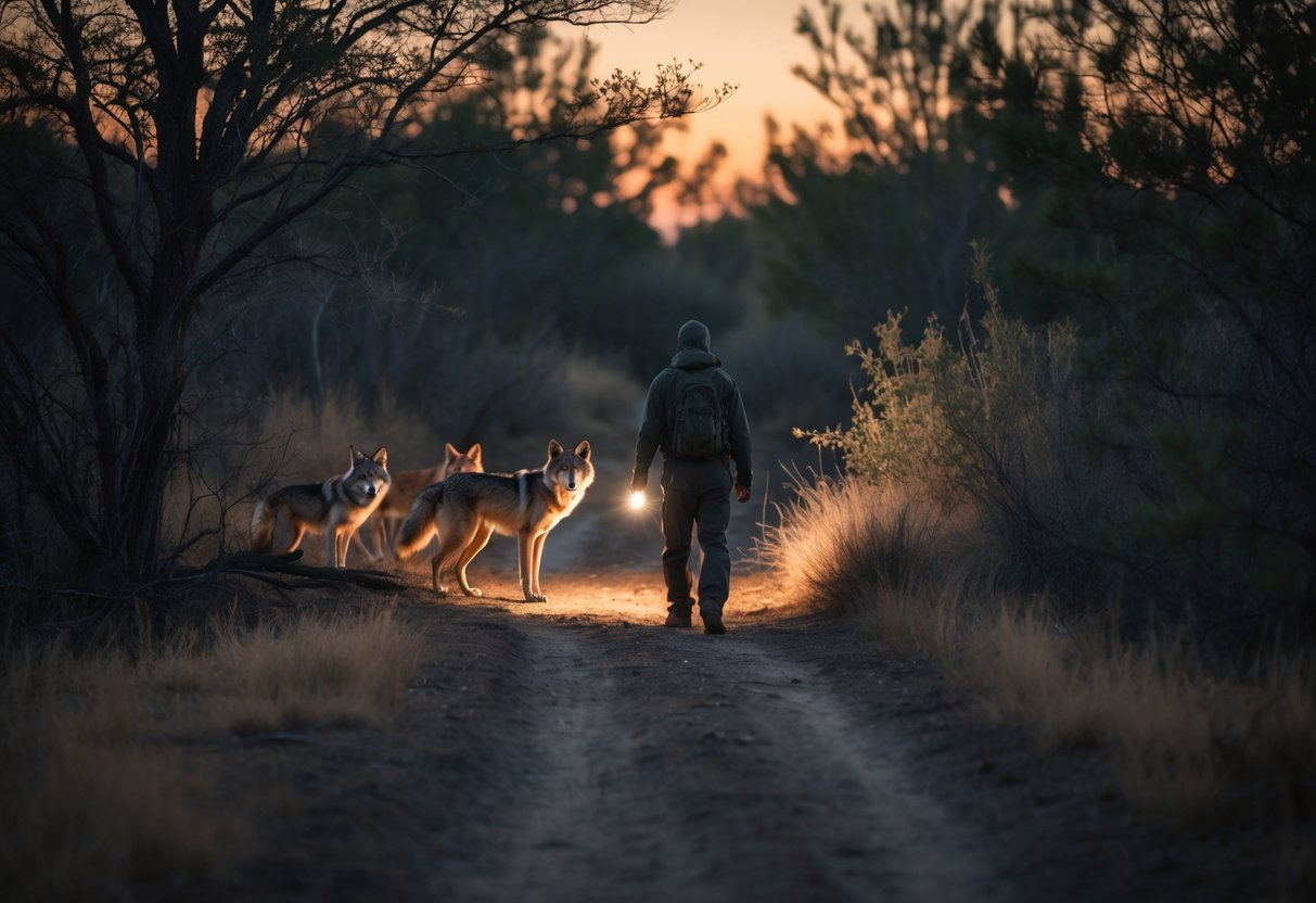 A person standing on a dirt path at dusk with two coyotes watching from the shadows nearby.