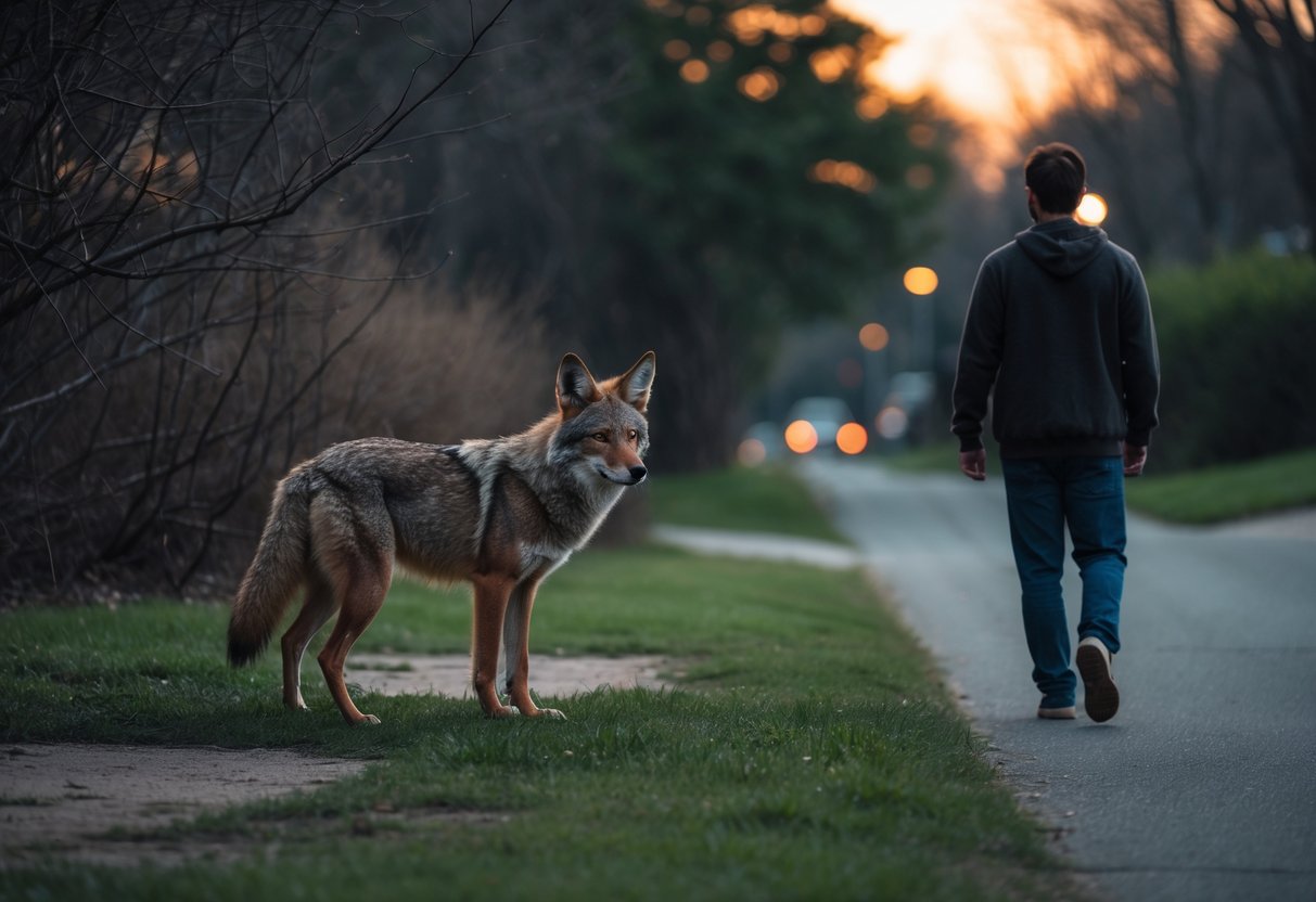 A coyote watching a person walking on a path in a park at dusk, with trees and bushes in the background.