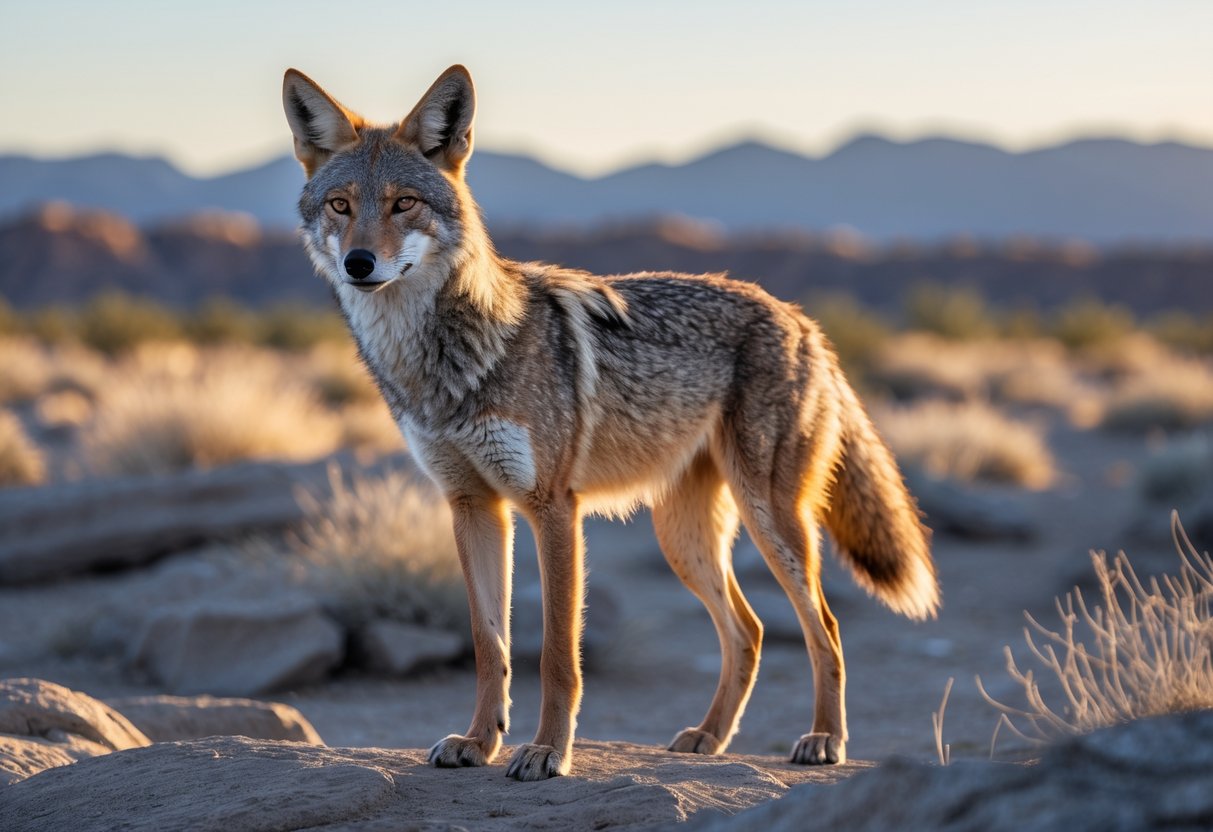 A wild coyote standing alert on rocky desert terrain with mountains in the background.