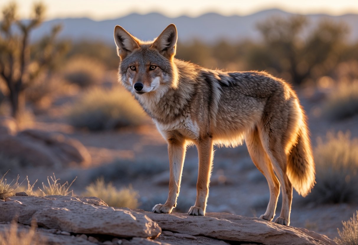 A coyote standing alert on rocky desert terrain with sparse vegetation and mountains in the background.