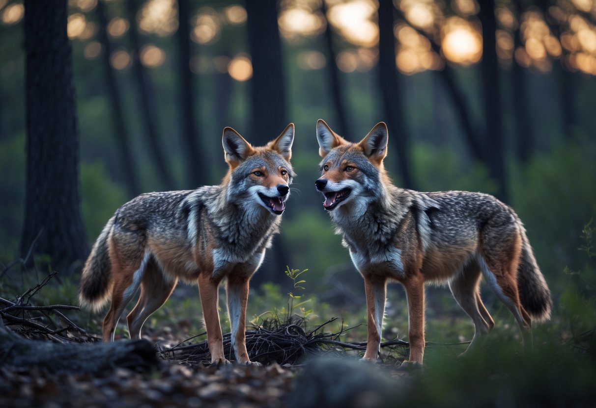 Two coyotes in a forest at twilight, facing each other and yipping.
