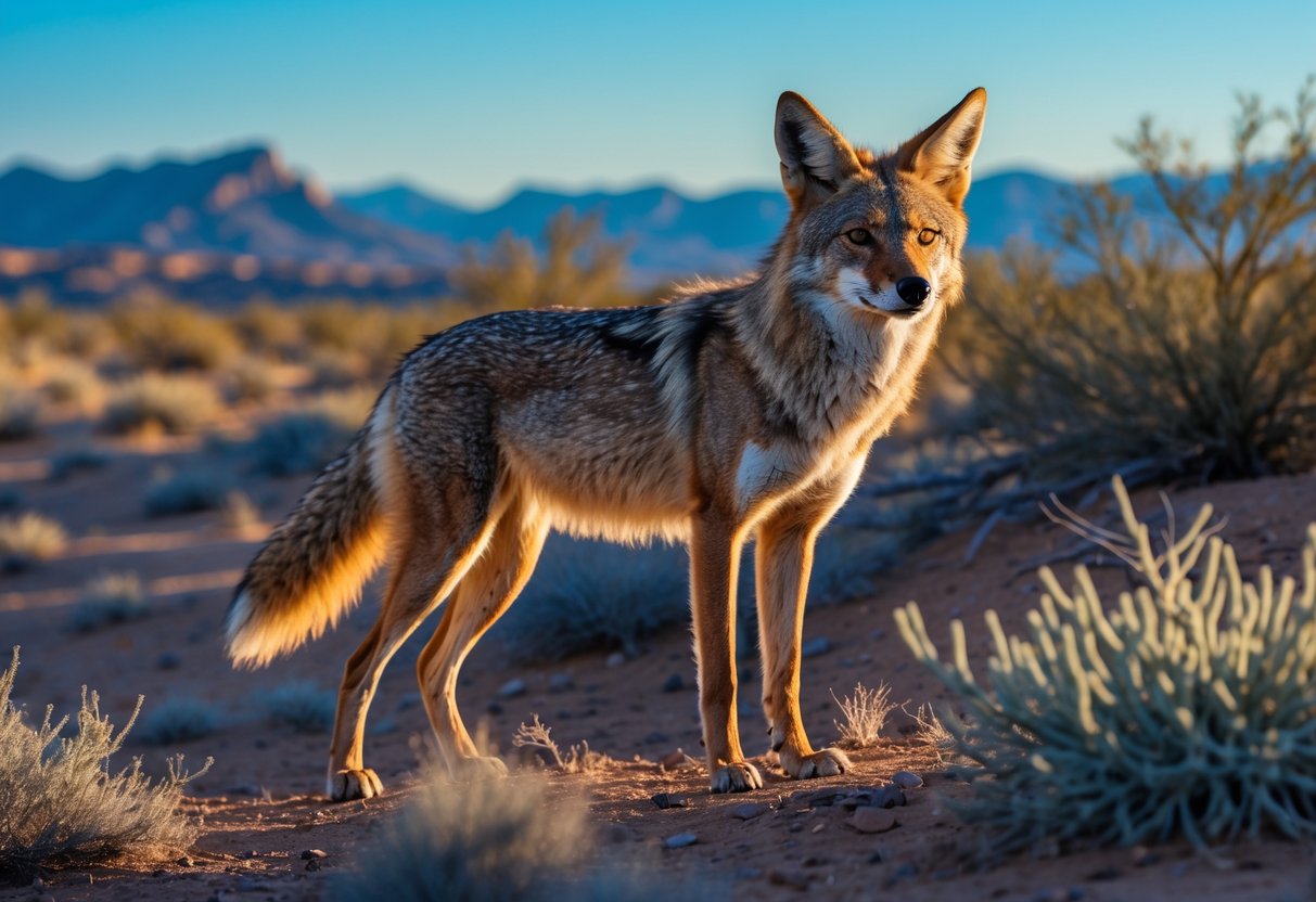 A wild coyote standing in a desert landscape with dry shrubs and mountains in the background.