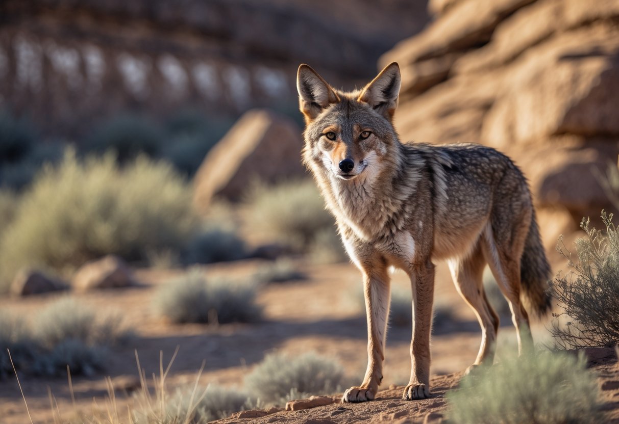 A close-up of a coyote standing in a dry desert landscape with rocks and sparse plants around it.