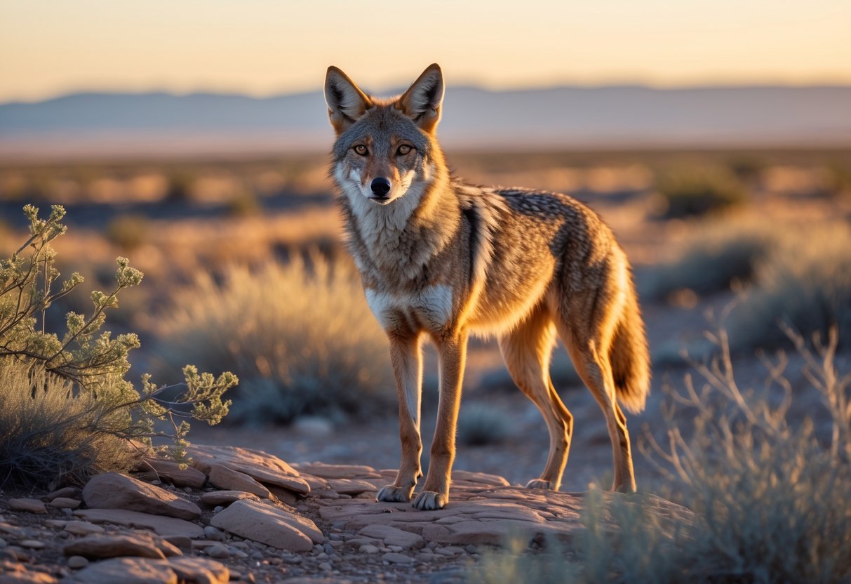 A wild coyote standing on rocky terrain with desert plants under warm sunlight in an open natural landscape.