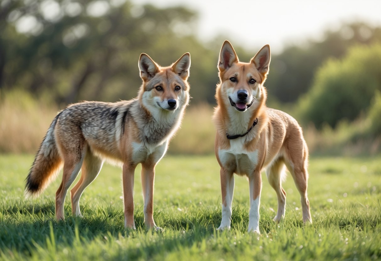 A coyote and a domestic dog standing close together on a grassy field in a natural outdoor setting.