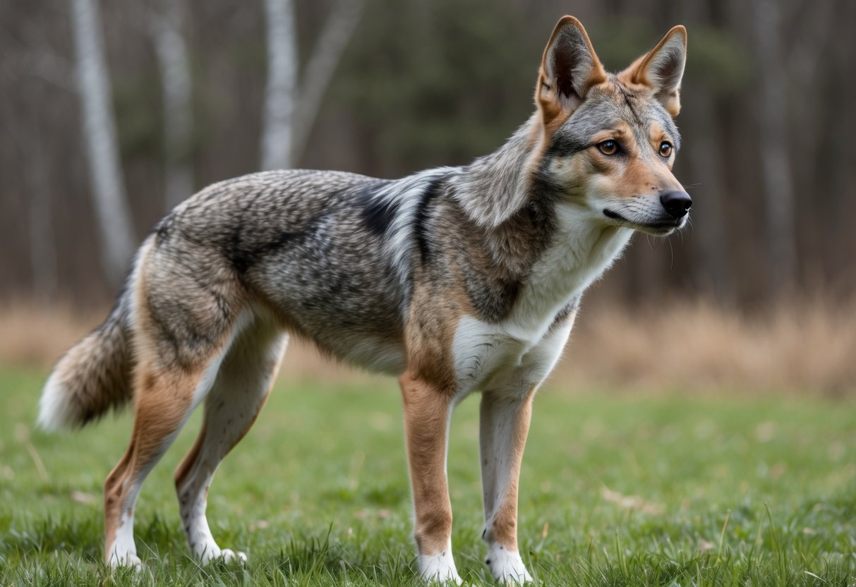 A coydog hybrid standing alert on a grassy field with a forest background.