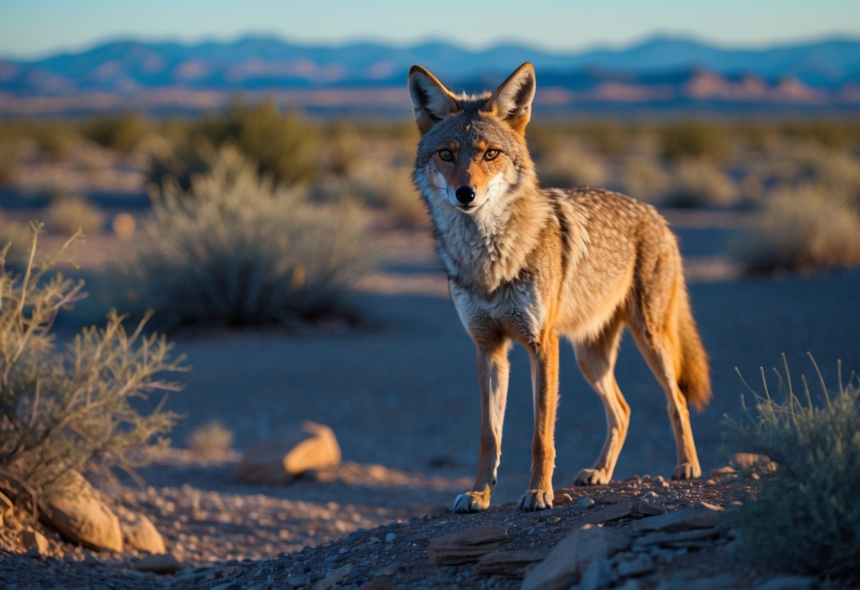 A wild coyote standing on rocky terrain with desert plants and mountains in the background.