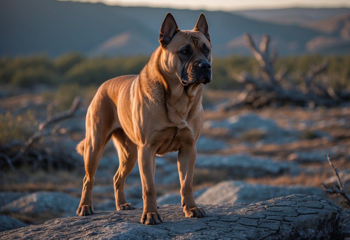 A strong dog standing on rocky ground in a wild natural setting at dawn, looking alert and proud.